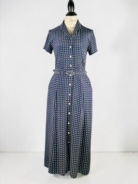 Xia Er 100% Silk Belted Maxi Button Up Shirt Dress with Pockets Navy Medium
